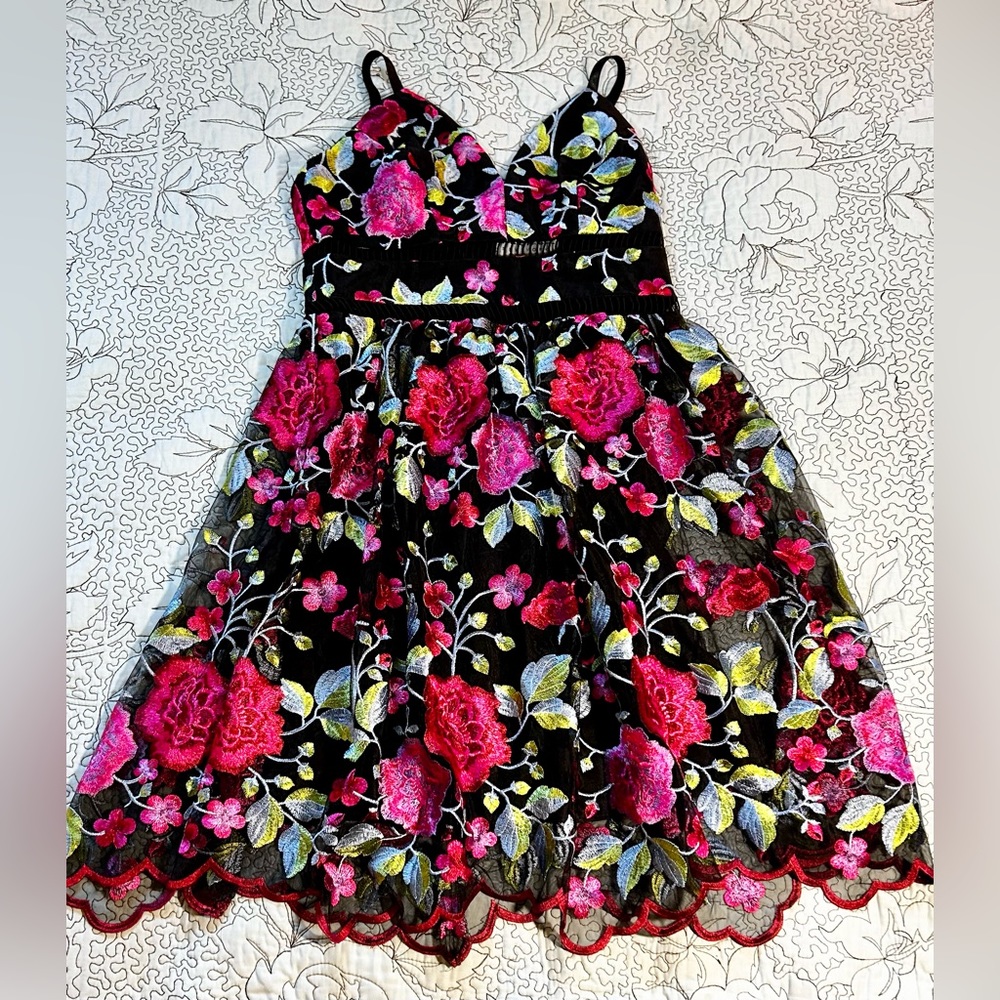 Nicole Miller Black Mini Dress with Pink Floral Embroidery - Picture 6 of 10